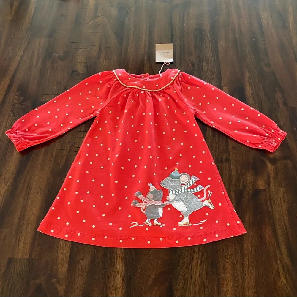 Baby Boden Red Polka Dot Mice Skates Baby Dress